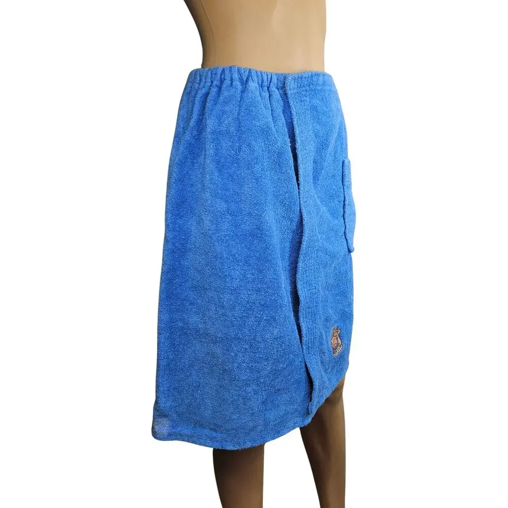 1960s Blue Terry Cloth Sea Island Loungewear Sauna Bathrobe Towel Wrap Size OS - Picture 7 of 9